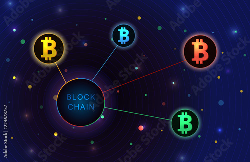 Blockchain concept banner. Circle blocks connection with each other and shapes crypto chain. Bitcoin in circle. Futuristic template design. Luminous cyber hologram. Sci fi digital futuristic theme.