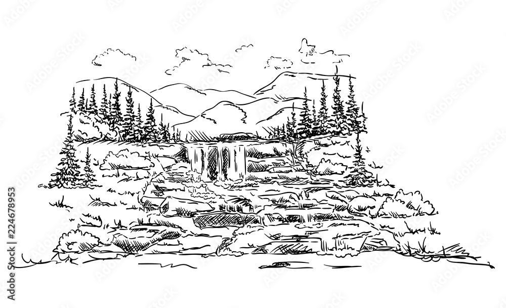 vector -  landscape  Waterfall