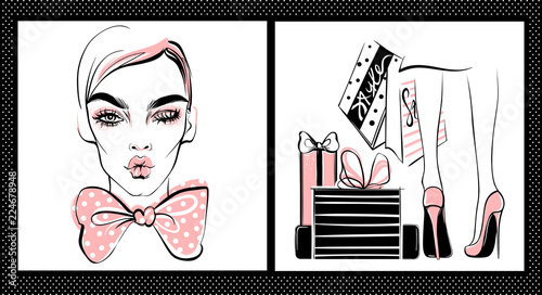 Vector girl. Stylish woman face. Women with packages.