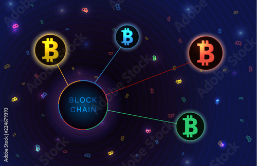 Blockchain concept banner. Circle blocks connection with each other and shapes crypto chain. Bitcoin in circle. Futuristic template design. Luminous cyber hologram. Sci fi digital futuristic theme.