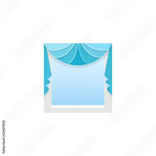 Blue fabric valance with central fan drapery. Vector illustration. Flat icon of shade.