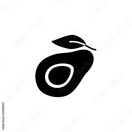 Black & white vector illustration of organic avocado with leaf. Flat icon of fresh avocado pear fruit. Vegan & vegetarian food. Health eating ingredient. Isolated object