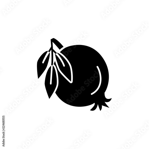 Black & white vector illustration of organic pomegranate with leaves. Flat icon of fresh fruit. Vegan & vegetarian food. Health eating ingredient. Isolated object