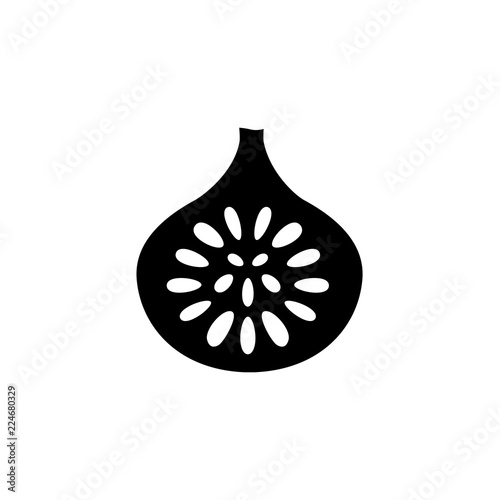 Black & white vector illustration of cut fig fruit with seeds. Flat icon of fresh anjeer. Vegan & vegetarian food. Health eating ingredient. Isolated object
