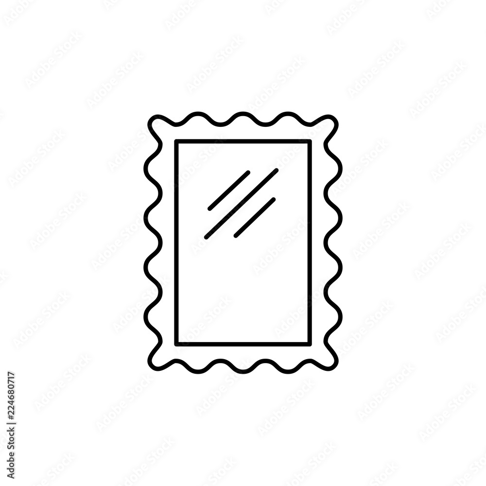 Black & white vector illustration of wall mirror. Line icon of decorative framed mirror for home & office. Isolated on white background. Black & white vector illustration of wall mirror. Line icon of decorative framed mirror for home & office. Isolated on white background.