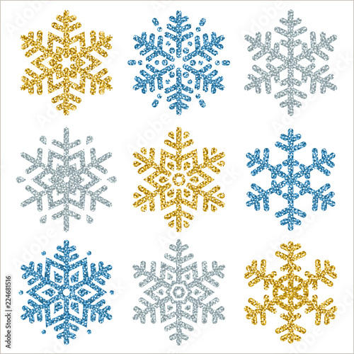 Set of color glittering snowflakes  over white backgrounds, vector illustration