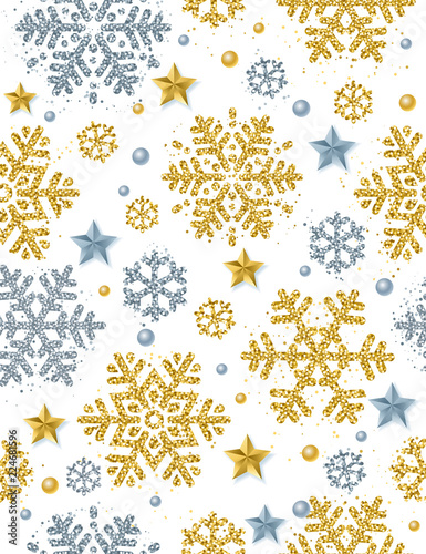 Christmas seamless pattern background with gold and silver glittering snowflakes and stars, vector illustration