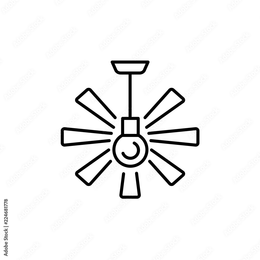 Vector illustration of ceiling fan. Line icon of modern light fixture & ventilator. Home & office lighting. Isolated on white background. Vector illustration of ceiling fan. Line icon of modern light fixture & ventilator. Home & office lighting. Isolated on white background.