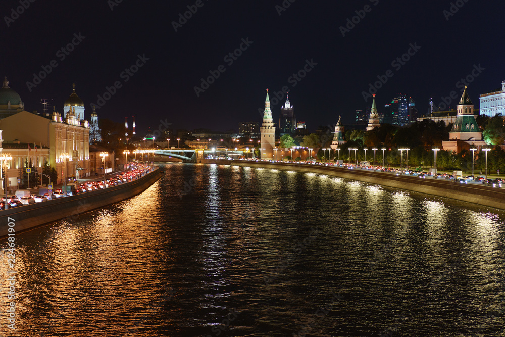 City image at the autumn night: Moskva river, Kremlin and Cathedral of Christ the Saviour