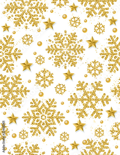 Christmas seamless pattern background with gold glittering snowflakes and stars, vector illustration