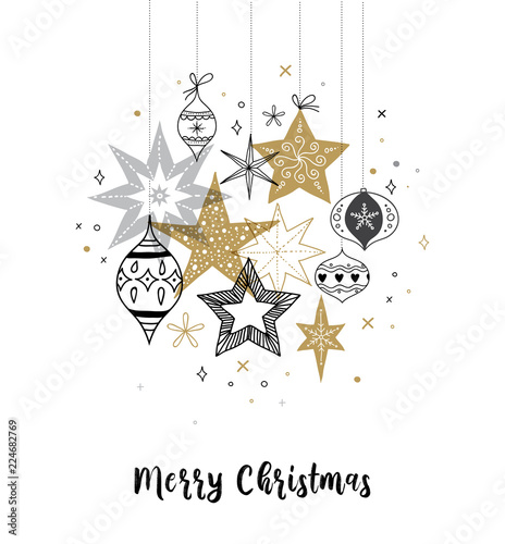 Collection of snowflakes, stars, Christmas decorations, hand drawn illustrations