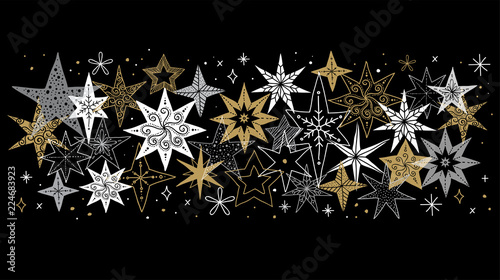 Collection of snowflakes, stars, Christmas decorations, hand drawn illustrations