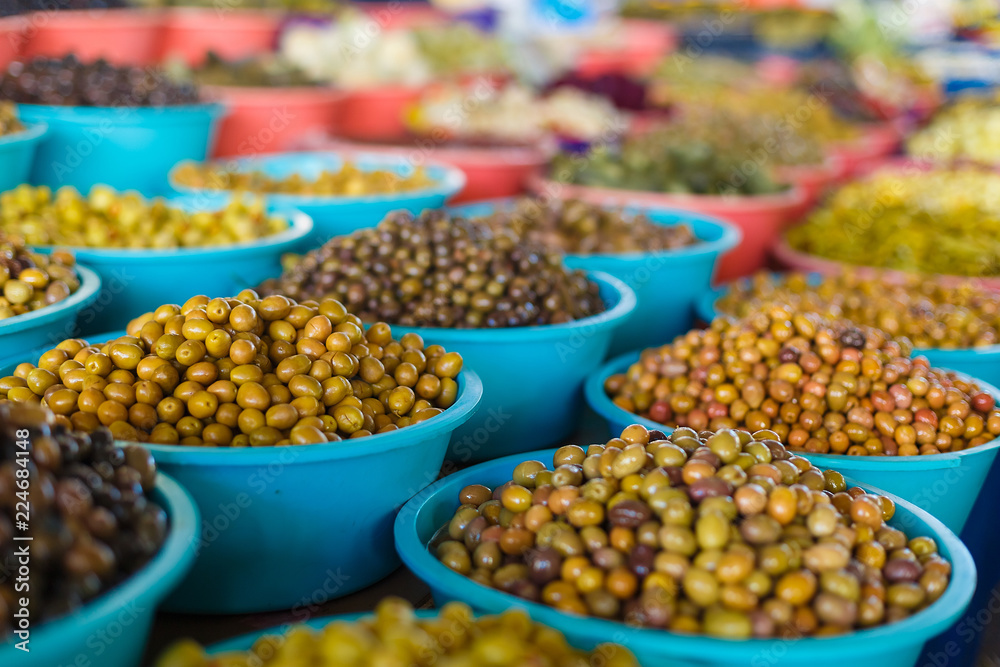 counter with olives in the market