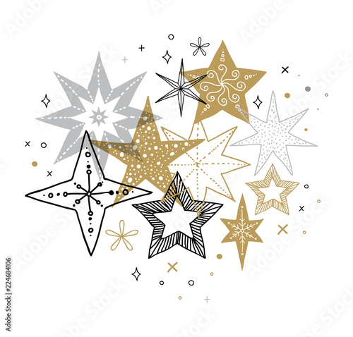 Elegant Merry Christmas background  banner and greeting card  collection of snowflakes  stars  Xmas decorations  hand drawn illustration