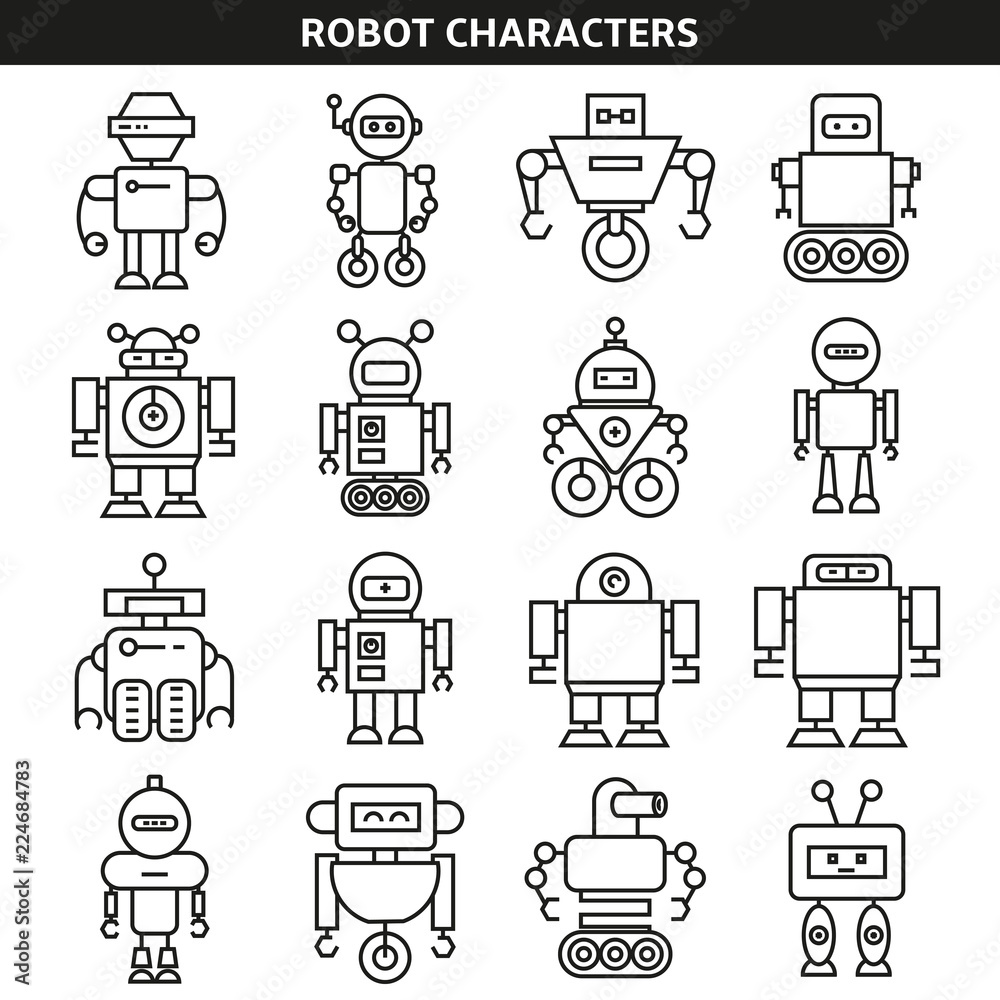 robot character icons in line style robot character icons in line style