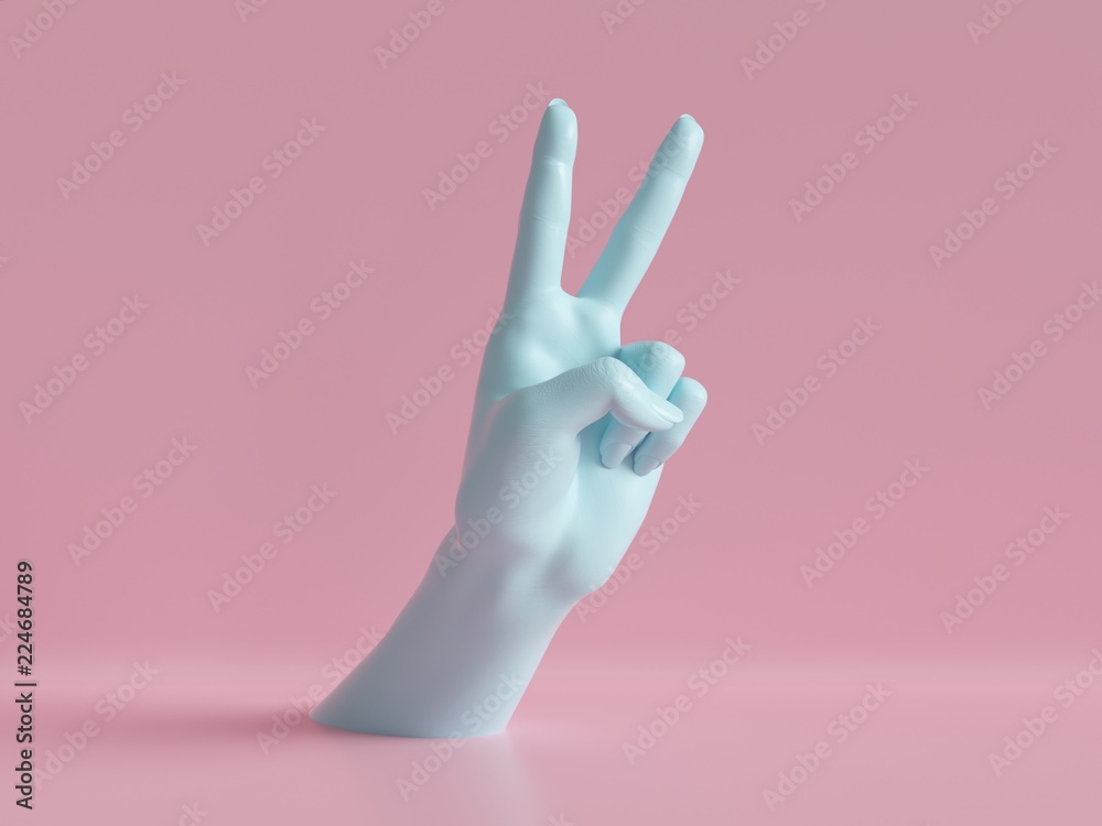3d render, female hands isolated, party rock gesture, victory sign, shop display, minimal fashion background, mannequin body part, pink blue pastel colors - obrazy, fototapety, plakaty 