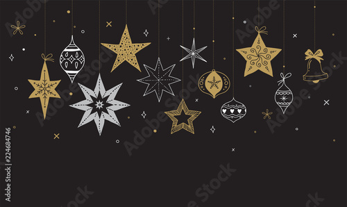 Elegant Merry Christmas background, banner and greeting card, collection of snowflakes, stars, Xmas decorations, hand drawn illustration