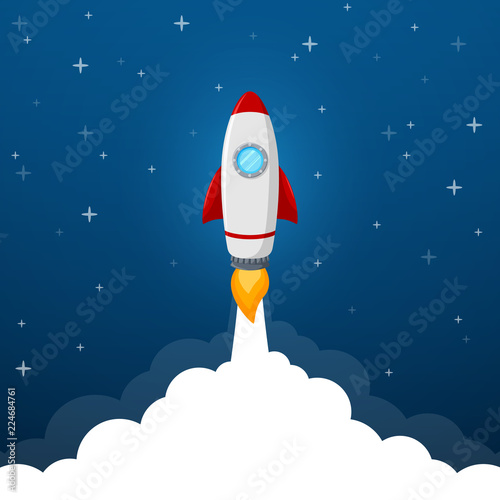Rocket launch icon on blue sky background 