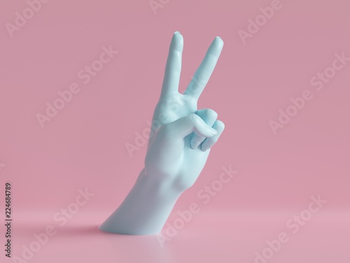 3d render, female hands isolated, party rock gesture, victory sign, shop display, minimal fashion background, mannequin body part, pink blue pastel colors
