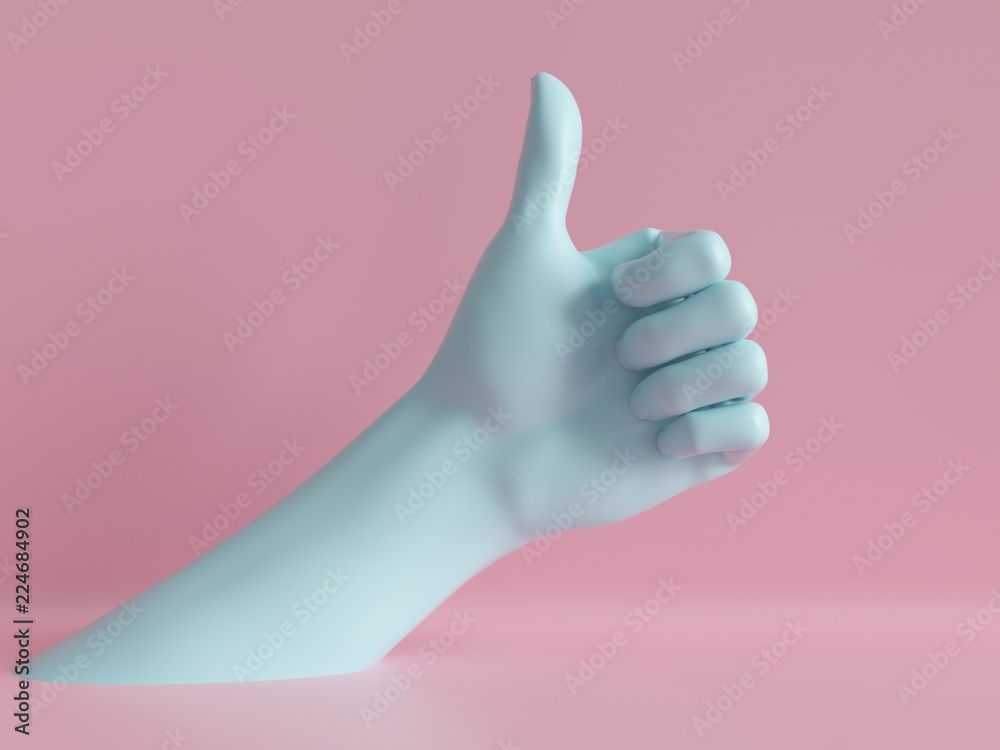 3d render, female hand isolated, thumb up, like gesture, jewelry shop display, minimal fashion background, mannequin body part, show, presentation, pink blue pastel colors