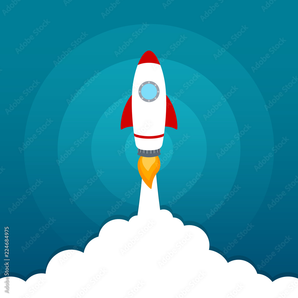 Rocket launch icon on blue sky background Rocket launch icon on blue sky background