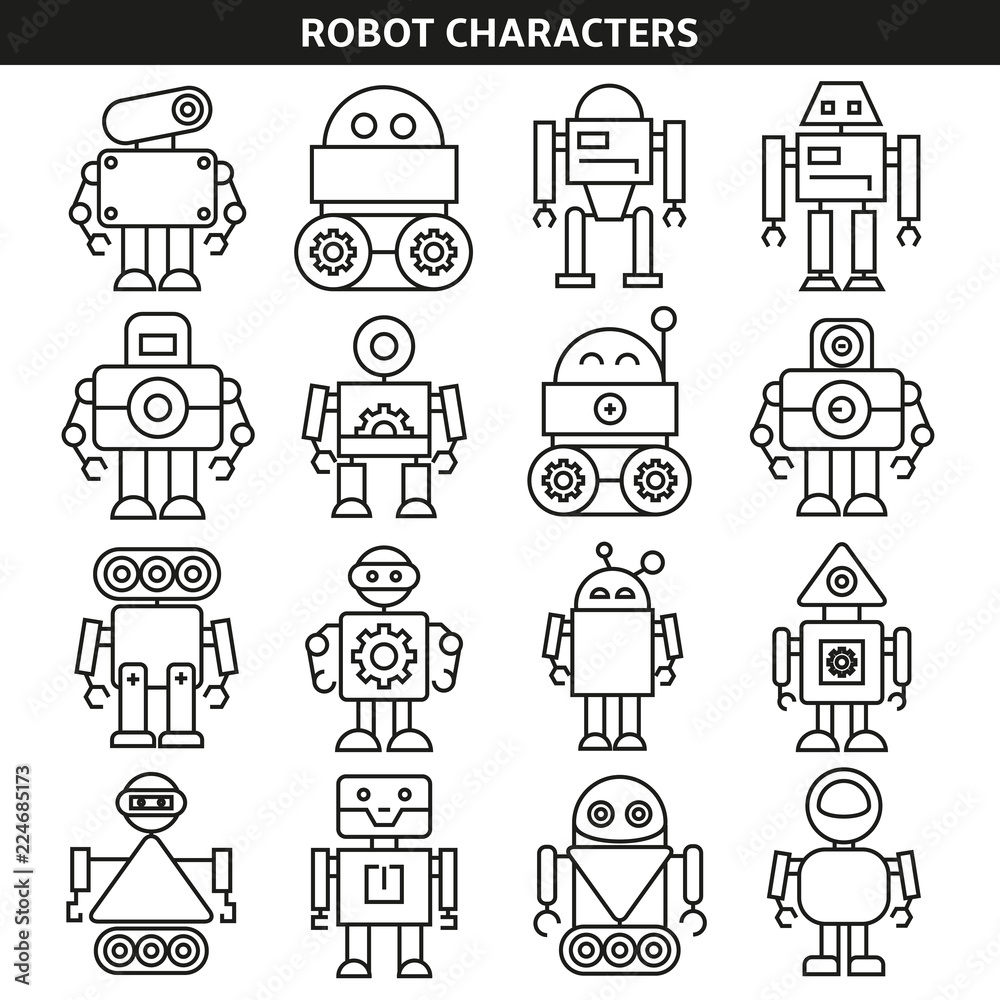 robot character icons in line style robot character icons in line style