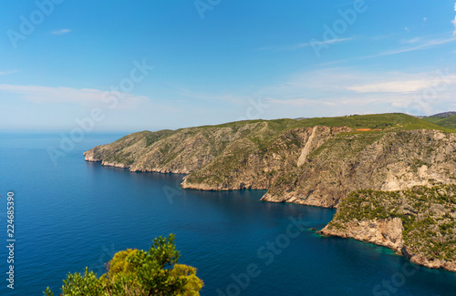 Zakynthos island view with deep blue sea and rocks.