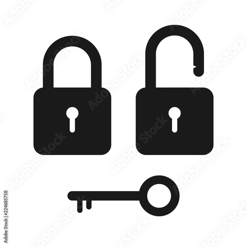 Black padlock icon, lock and unlock position with the key