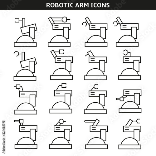 robotic arm and industrial robot icons set in line style