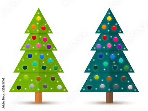 Set 2 of abstract geometric decorated coniferous trees with colorful baubles. Two shades of green. Vector EPS 10