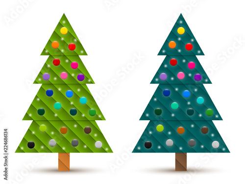 Set 4 of abstract geometric decorated coniferous trees with colorful baubles. Two shades of green. Vector EPS 10