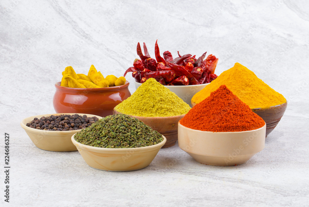 Indian Spices Collection Also Called Red Chili Powder, Turmeric Powder, Coriander Powder