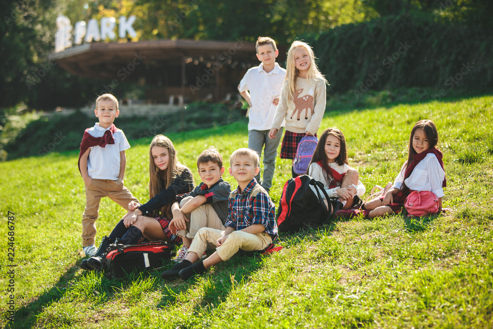 A group of happy smiling children of school and preschool age are sitting on the green grass in the park. The childhood, Kids fashion, school, education, friends, lifestyle, leisure, schoolchildren A group of happy smiling children of school and preschool age are sitting on the green grass in the park. The childhood, Kids fashion, school, education, friends, lifestyle, leisure, schoolchildren