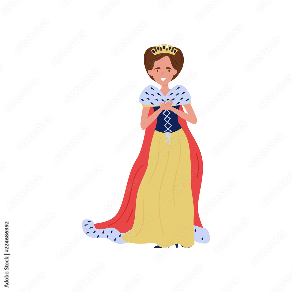 Beautiful queen in red ermine mantle, fairytale or European medieval character vector Illustration on a white background