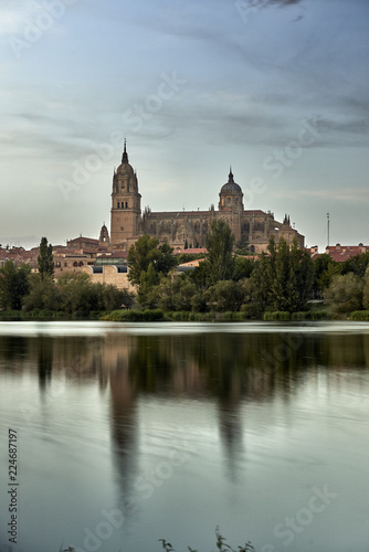 Cathedral of Salamanca at night view from the Tormes River  Salamanca City  Spain  Europe
