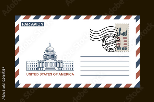 postal envelope design with american symbols on black background