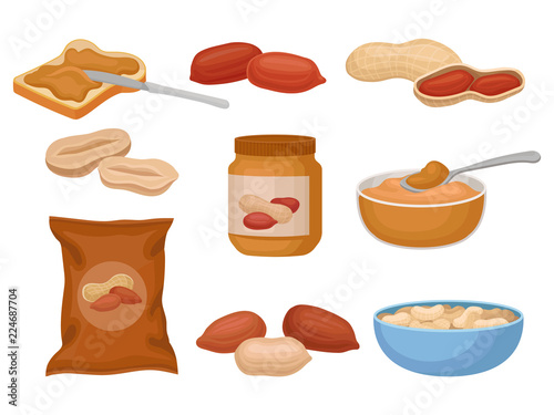 Peanuts and peanut butter set, nutritious groundnuts products vector Illustration on a white background