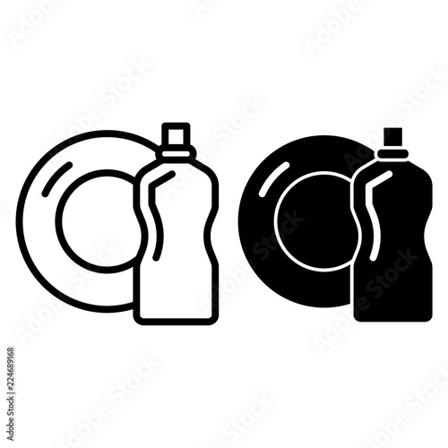 Dishwashing liquid and plate line and glyph icon. Detergent and plate vector illustration isolated on white. Wash dishes outline style design, designed for web and app. Eps 10.