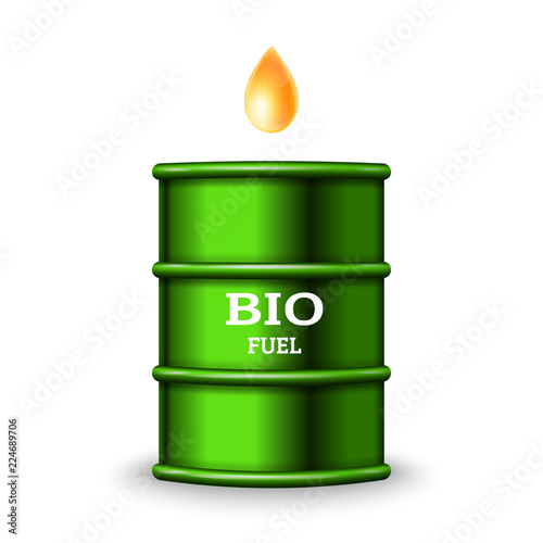 Green metal barrel with bio fuel and drop oil on white background vector