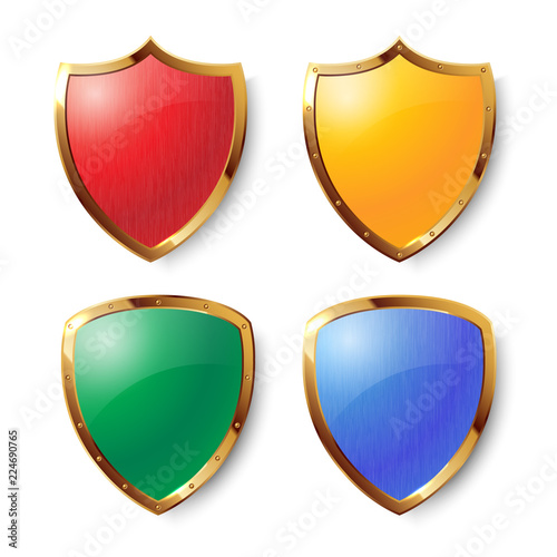 Collection of colorful shields with golden frames