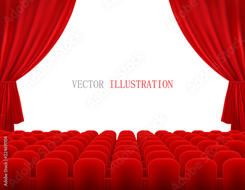 Cinema or theatre screen with red curtains and rows of chairs, vector illustration. Premiere, poster with interior of cinema. 