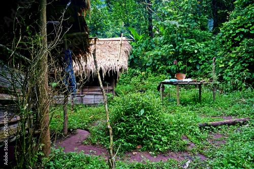 traditional hut, campsite in lush tropical forest, Nam Ha National Protected Area, Laos