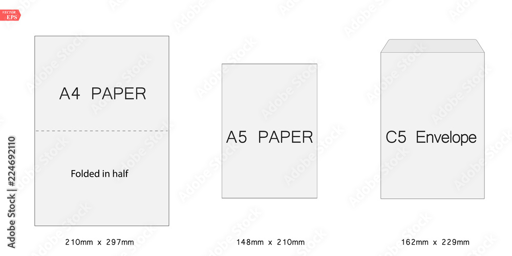 Creative vector illustration of white blank paper C5 envelopes template set isolated on white background. International tandard A5 sizes. Art design empty example packing letter. Graphic element