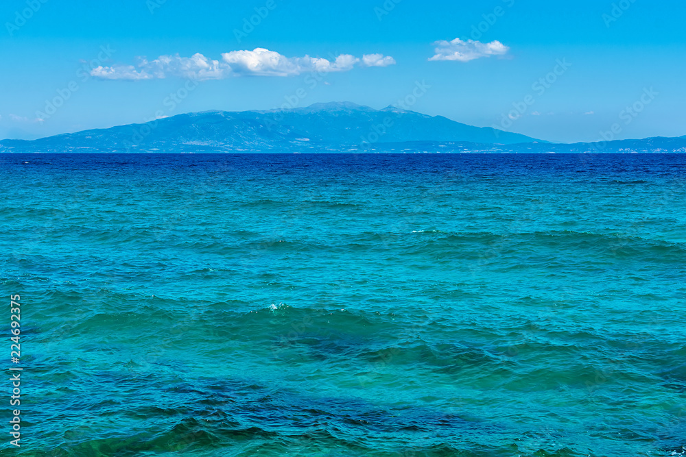 Panoramic view of Aegean sea at Chalkidiki, Greece. Proti Ammoudia beach, one of the most beautiful beaches in the Aegean Sea.