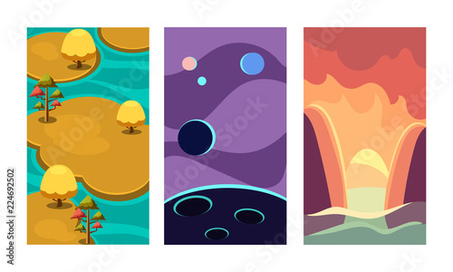 Flat vector set of backgrounds for mobile game. Scenes with islands surrounded by water, planets of cosmos and mountains with river