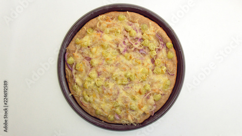 Vegetarian Pizza with Grapes, Onion and Cheese on a Wite Background