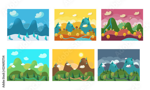 Flat vector set of seamless landscapes with mountains, hills and forests. Nature backgrounds for website or mobile game