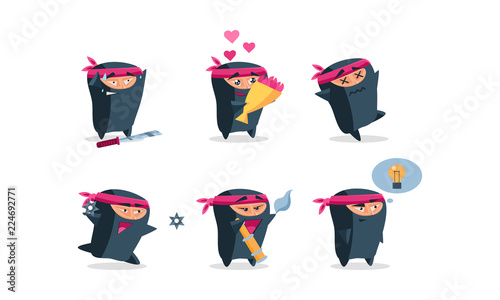 Flat vector set of cute ninja in different actions. Funny cartoon character. Emoji for social network, t-shirt print or postcard