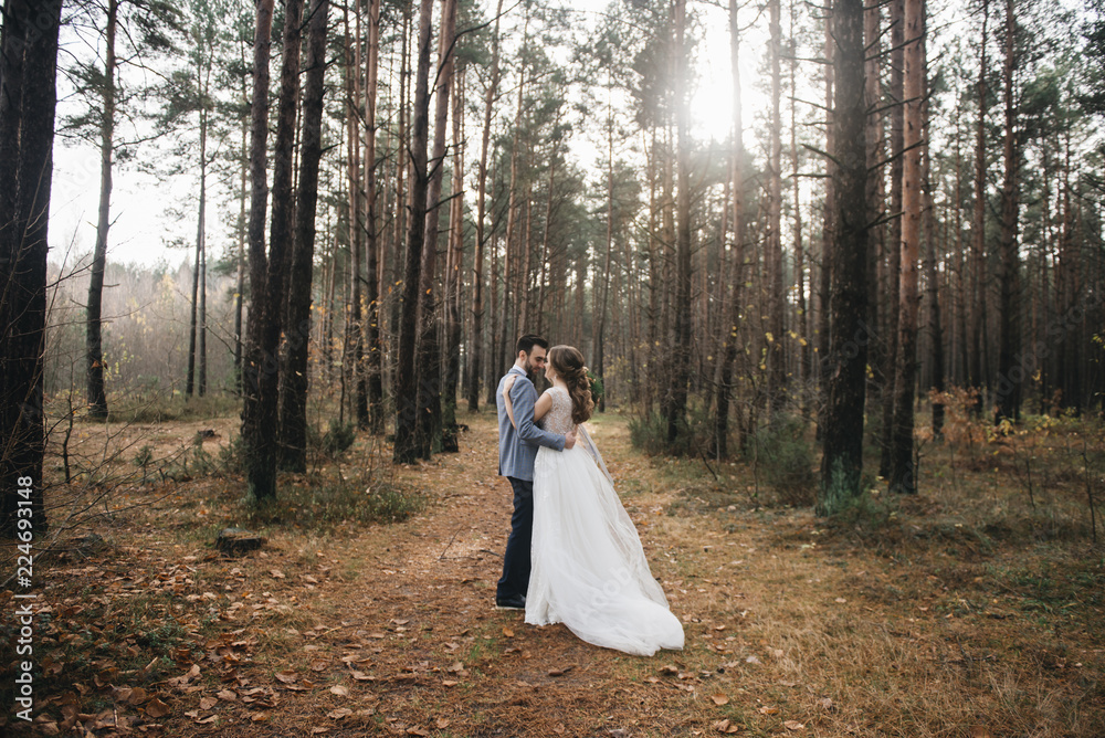 Happy bride and groom in the forest . Autumn. The concept of a Rustic wedding style