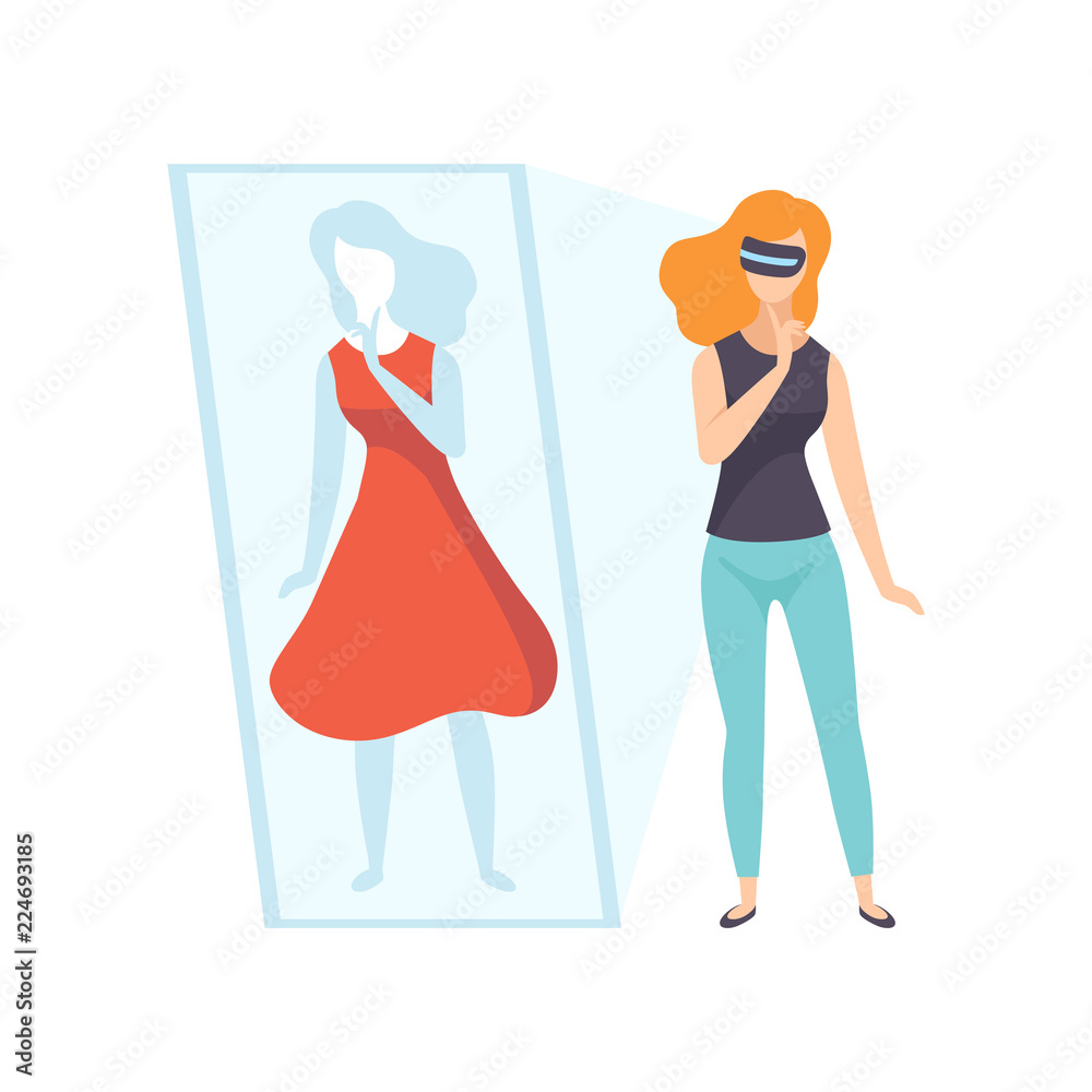 Young woman trying on red dress wearing virtual reality digital glasses, girl using optical device for real visualisation and simulation vector Illustration on a white background Young woman trying on red dress wearing virtual reality digital glasses, girl using optical device for real visualisation and simulation vector Illustration on a white background